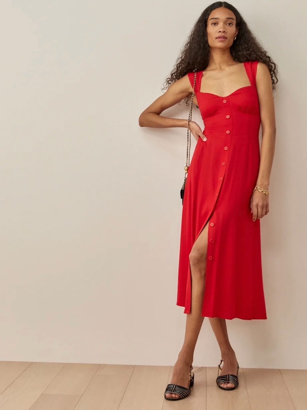 Reformation Red Button-Front Midi Dress